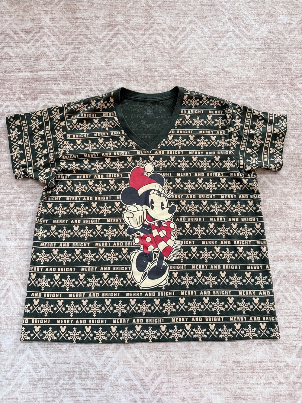 Disney Parks Minnie Mouse Merry & Bright Christmas Holiday V-Neck T-Shirt